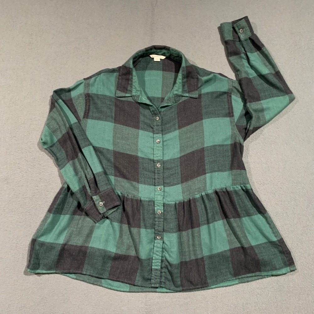 American Eagle Green Black Buffalo Plaid Peplum Flannel Button Up Shirt Womens S